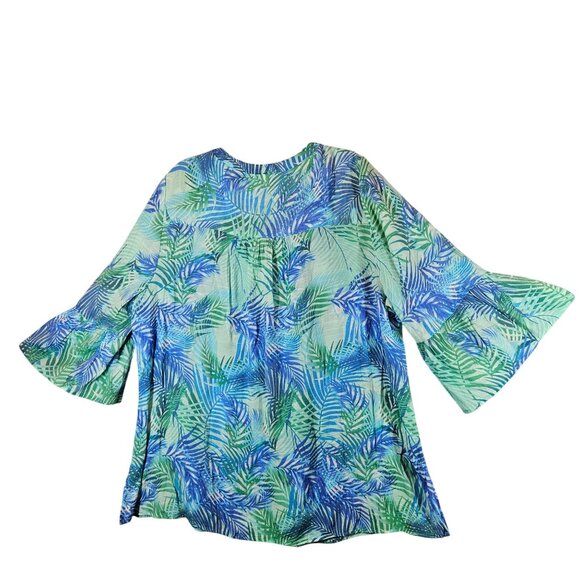 Catherines Blouse 1X Womens Bell Sleeve Top Blue Green Leaf Print Gauzy Peasant - Picture 2 of 14